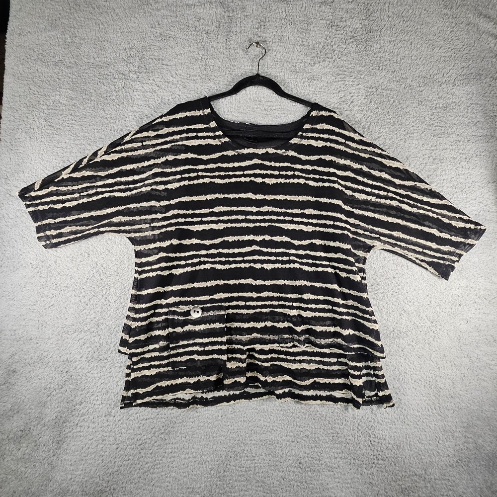 Ali Miles Top Size 1X Mesh Stripe Button‎ Back Lagenlook Artsy 3/4 Sleeve